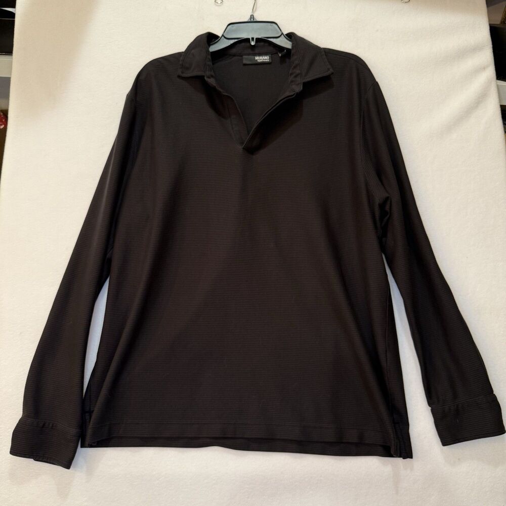 Murano Liquid Luxury XL Black Ribbed 100% Cotton Long Sleeve Polo Shirt Mens - Picture 2 of 8